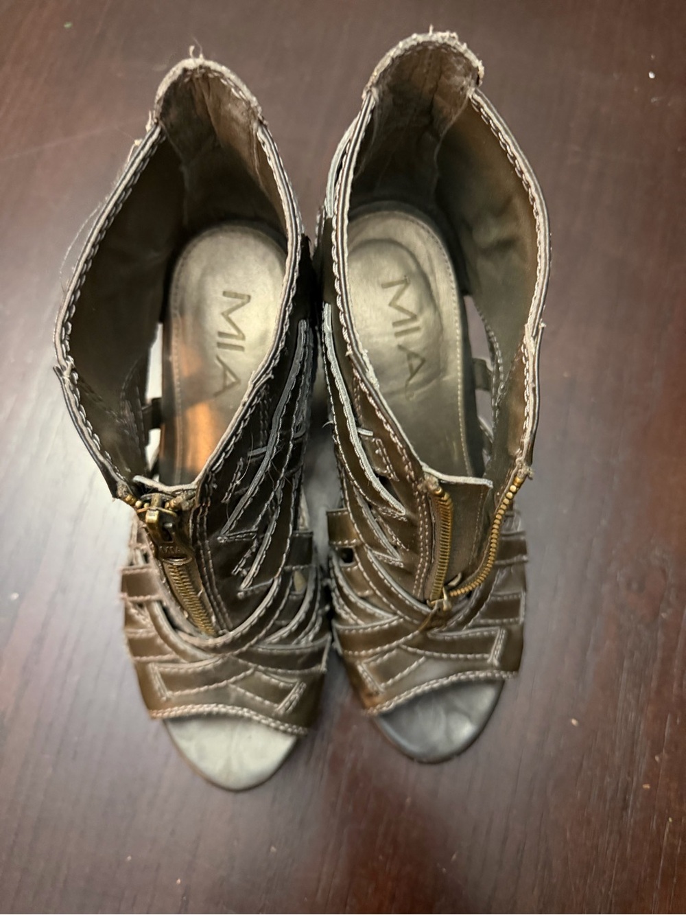 MIA Brown Strappy Peep-Toe Heels with Front Zip